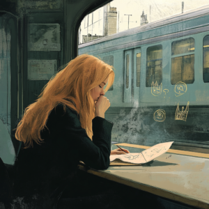 Girl drawing on train.