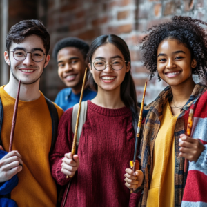 Smiling friends holding wands.