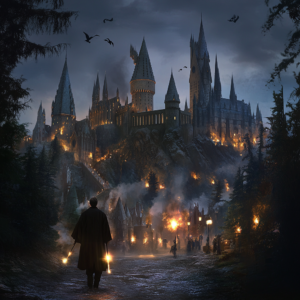 Wizard approaching illuminated Hogwarts.