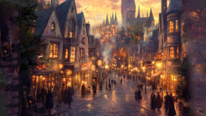 Magical village at dusk.