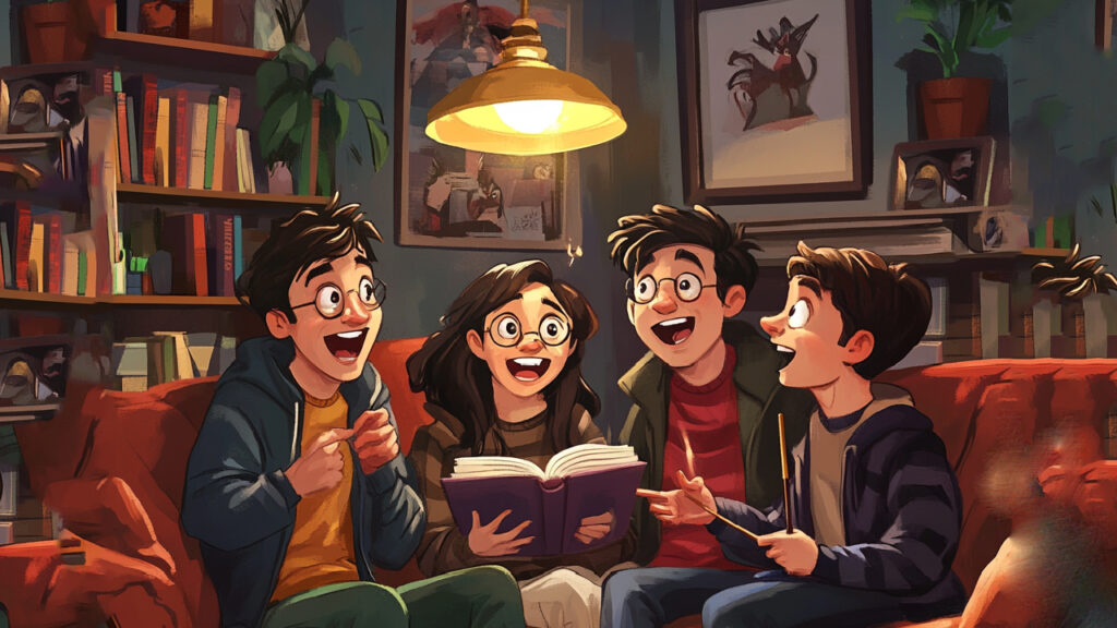 Friends reading magical book