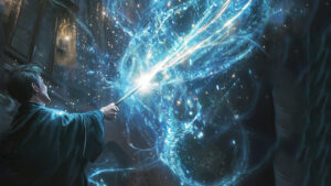 Wizard casting glowing magical spell.