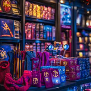 Harry Potter merchandise display.