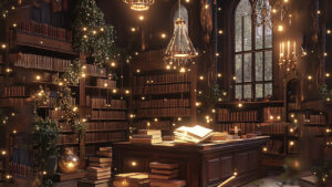 Magical library with books