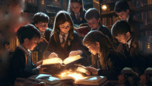 Children exploring magical books.