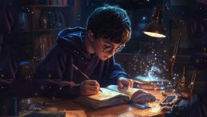 Boy writing magical book.