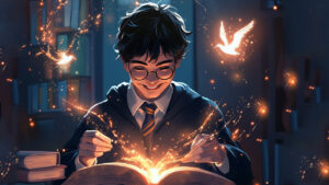 Magical boy reading book.