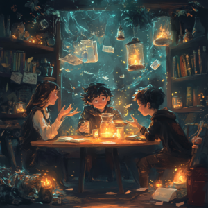 friends discussing spells.