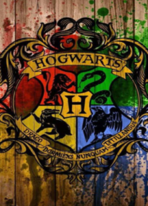 Hogwarts crest with four house symbols.