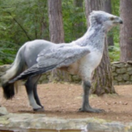 Majestic hippogriff in forest.