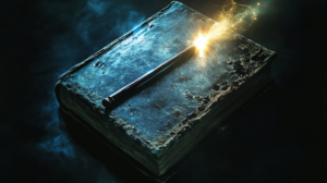 Glowing wand atop book.