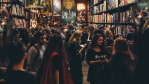 Crowded bookstore with readers.