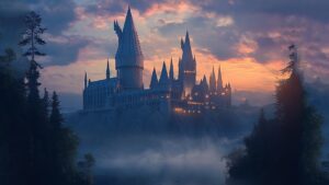 Hogwarts castle at sunset.