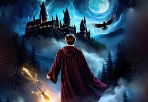 Wizard facing magical castle.