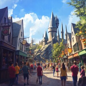 Wizarding world bustling street.