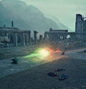 Magic duel amidst ruins.