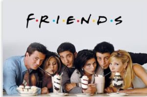 Friends cast sharing milkshakes.