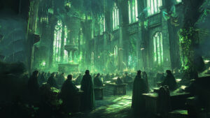 Magical green-lit classroom.