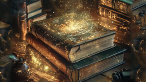 Glowing magical ancient books.