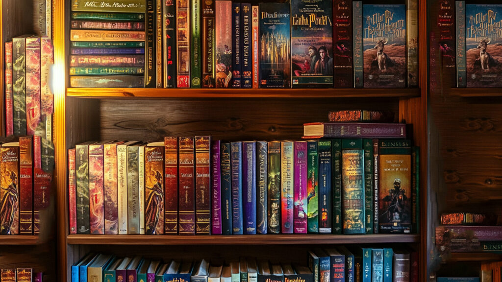 a book shelf loaded with various colors books. organized in a beautiful manner.