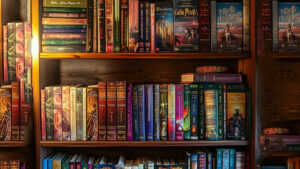 a book shelf loaded with various colors books. organized in a beautiful manner.