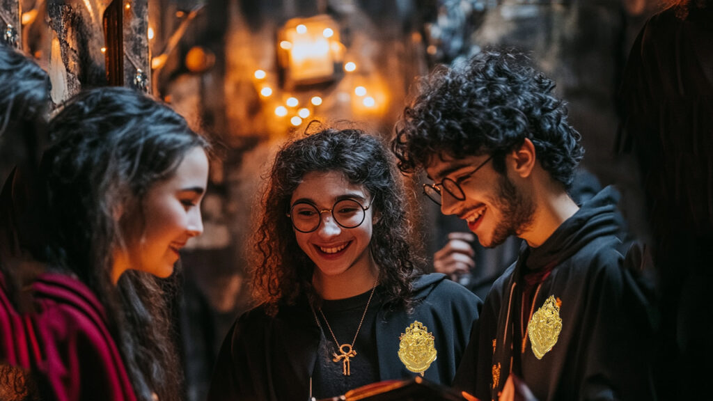 Smiling friends in robes