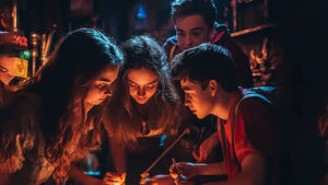 Friends investigating glowing object.