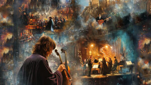 Magical orchestral performance scene.