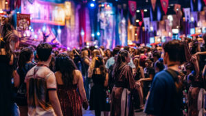 Colorful crowded festival scene.