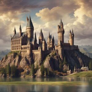 Iconic Hogwarts castle landscape.