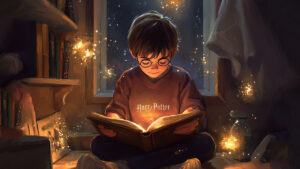 Boy reading magical book.