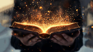 Glowing magical book open.