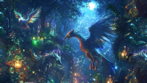 Magical creatures in forest.