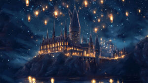 Magical Hogwarts castle night.