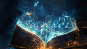 Glowing magical book open.