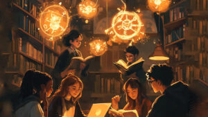 Magical students studying together