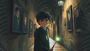 Wizard in magical hallway.