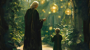 Wizard teaching young apprentice