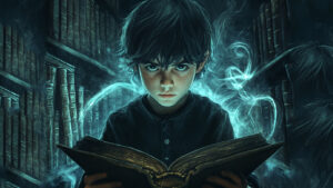 Boy reading magical book.