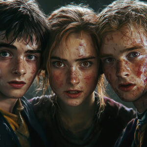 Battle-worn Harry Potter trio.