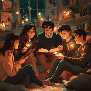 Friends reading with candles.