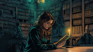 Girl reading in library.