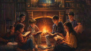 Children reading by fireplace.