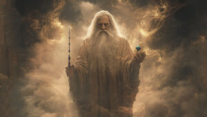 Wizard holding magical items