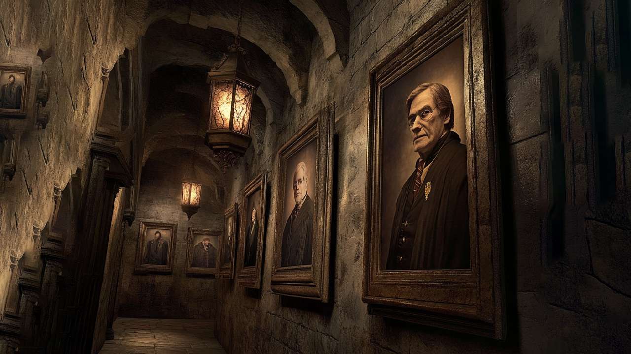 Dimly lit portrait hallway.