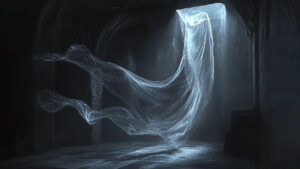 Ghostly figure floating indoors."