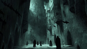 Dark fortress with cloaked figures.