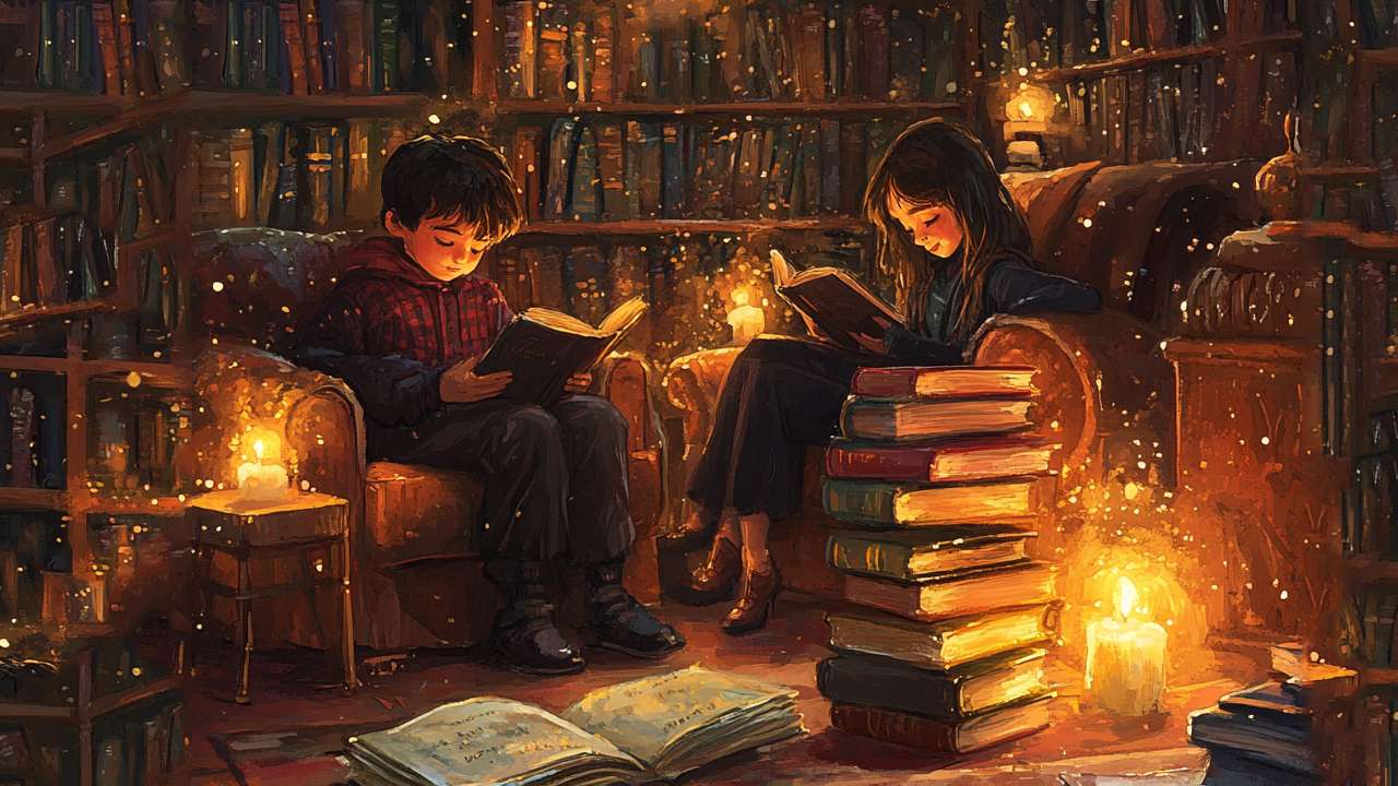 Children reading in magical library.