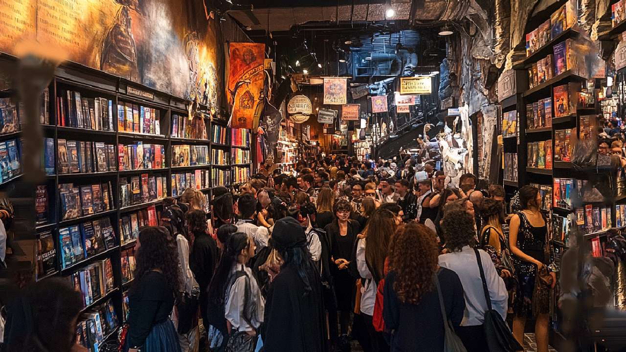 Crowded bookstore with magical decor