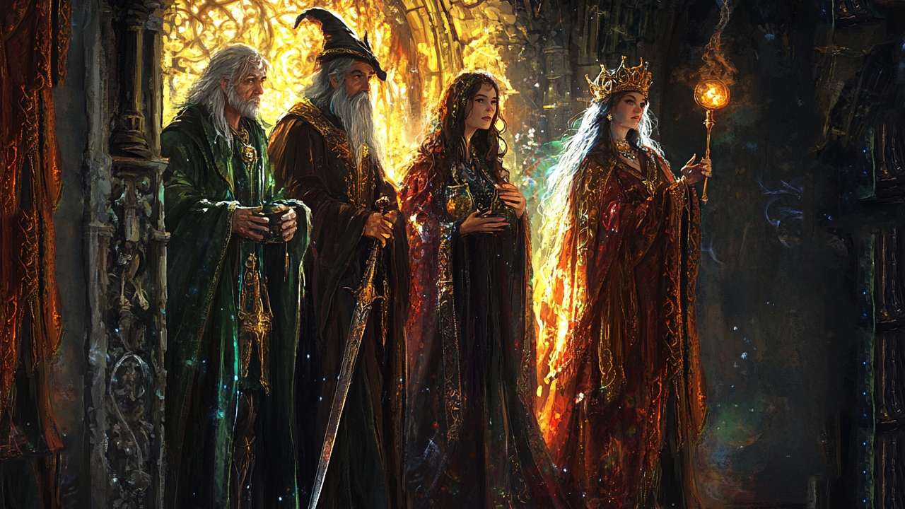 Four ancient wizards holding staffs.